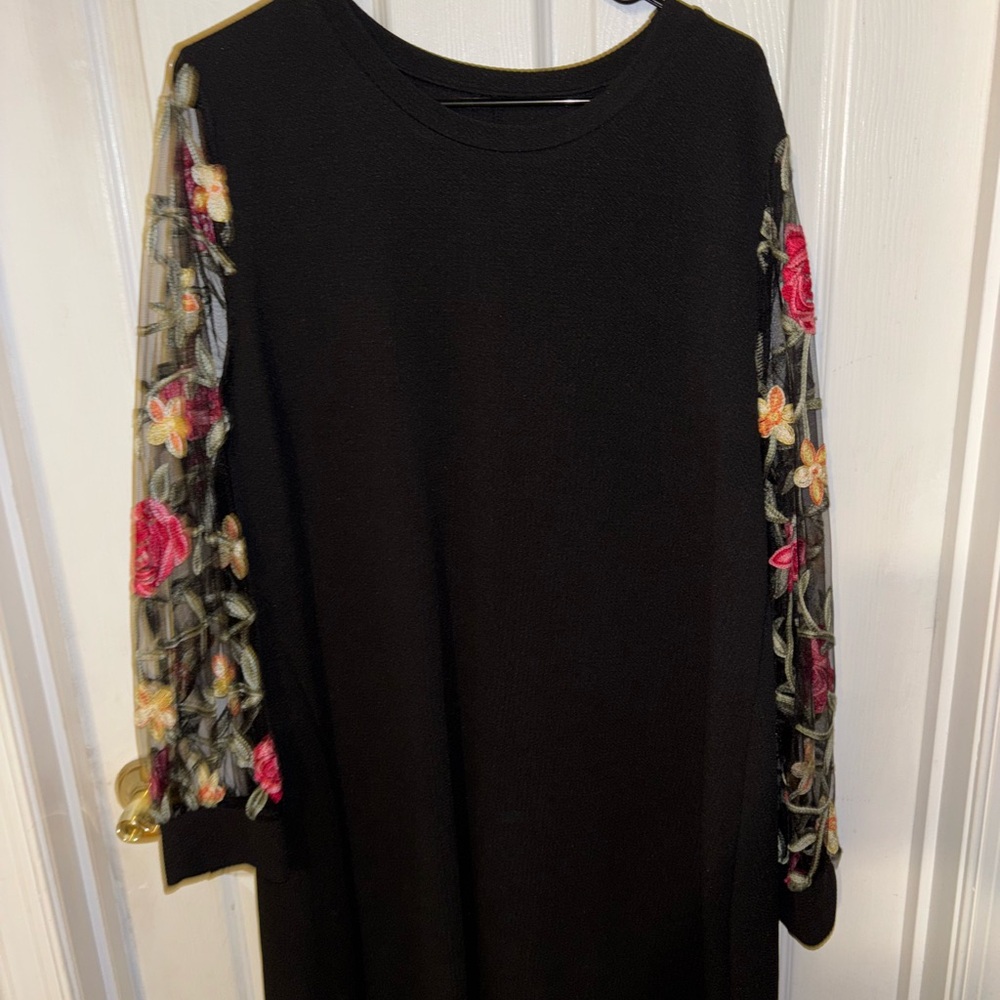 Black Dress with Floral Embroidered Sleeves